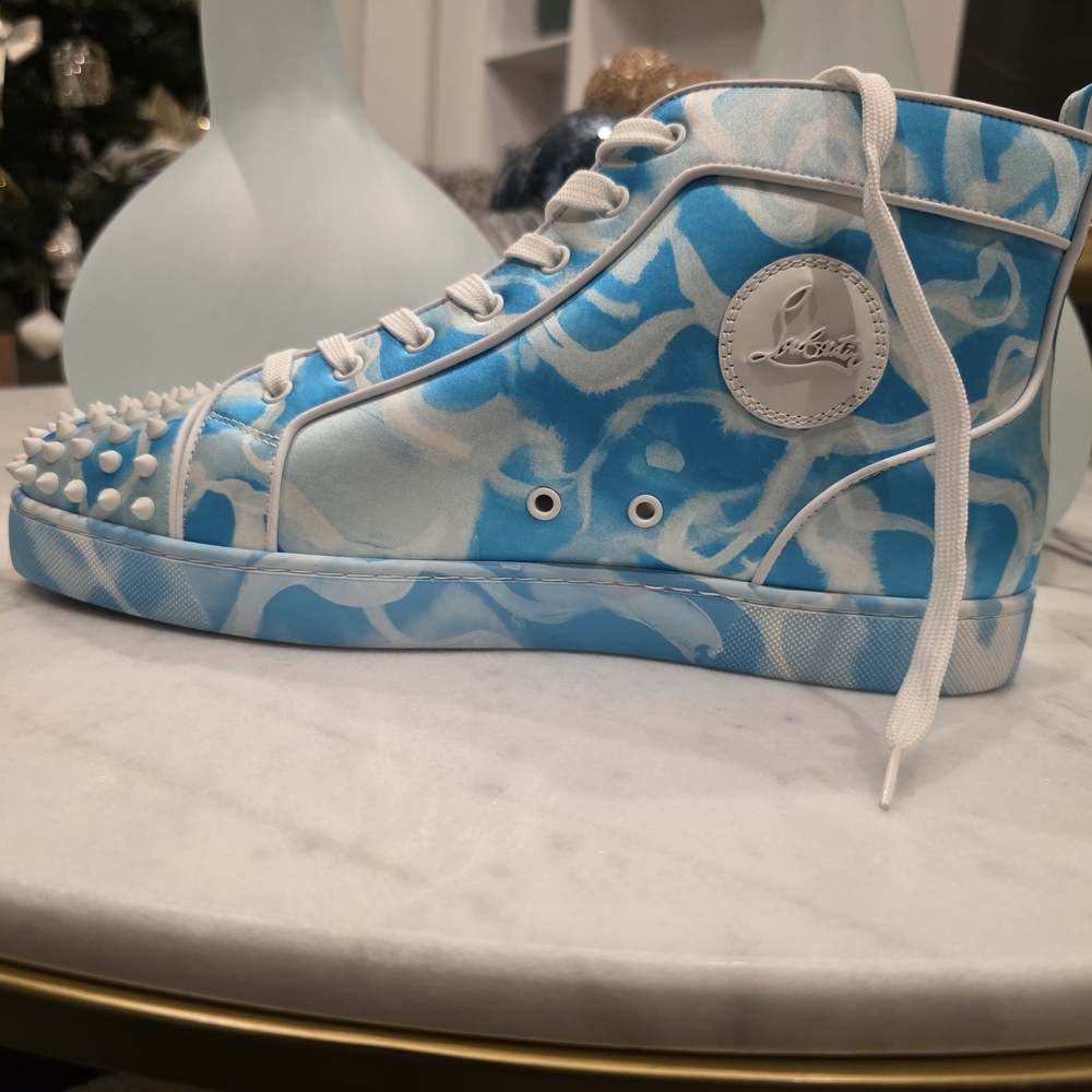 Christian Louboutin Blue and White High-Top Sneakers with Stud Toe